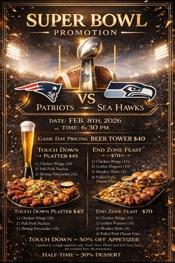 Super Bowl promotion flyer with game day platters and beer towers