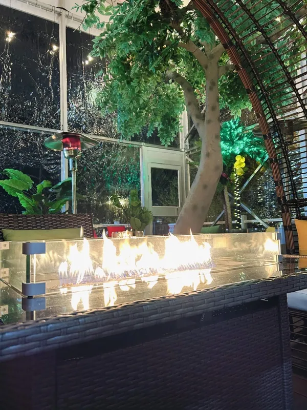 Fire table flames with a tree and pod booth behind