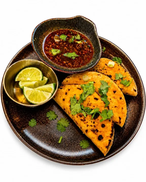 Golden banh xeo tacos on a dark plate with lime and chili sauce