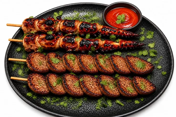 Charred grilled skewers and grilled patties with herbs on a black plate