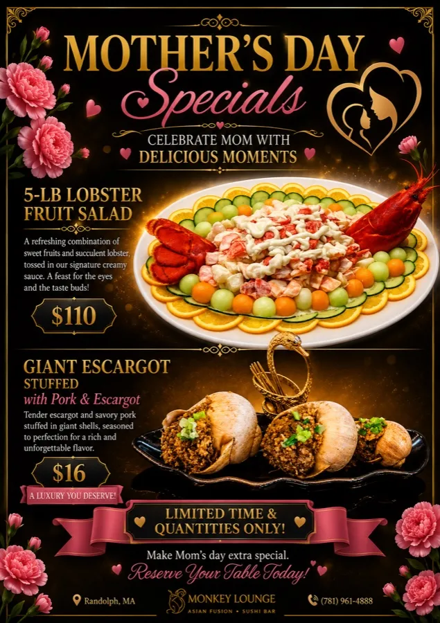 Mother's Day specials flyer featuring a 5-lb lobster fruit salad and giant escargot