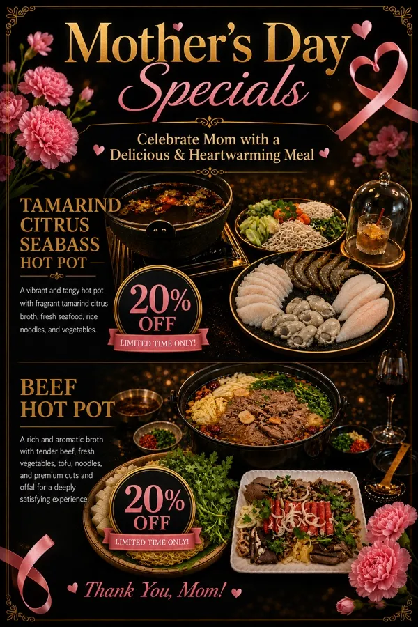 Mother's Day specials flyer featuring tamarind citrus seabass hot pot and beef hot pot, 20% off