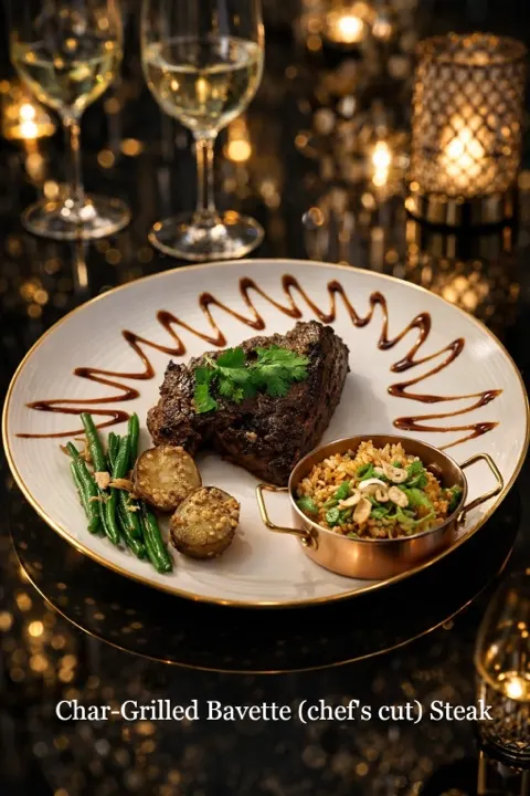 Char-grilled bavette chef's cut steak with green beans