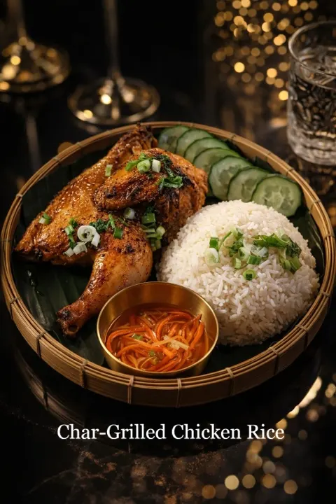 Char-grilled chicken with rice in a woven basket