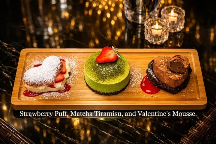 Strawberry puff, matcha tiramisu and Valentine's mousse on a wooden board