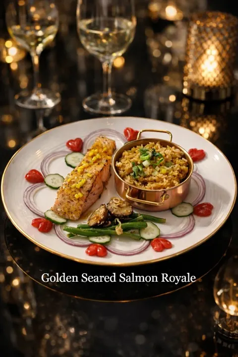 Golden Seared Salmon Royale with a copper pot of fried rice
