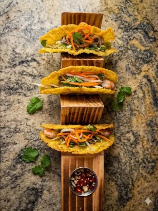 A wooden taco holder with crispy banh xeo tacos, herbs and dipping sauce